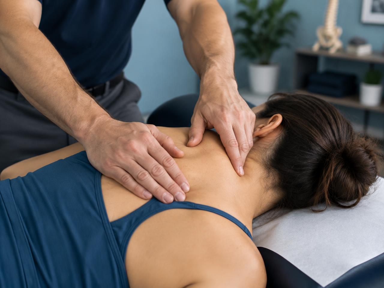 Gentle hands-on soft tissue work on a patient's upper shoulder